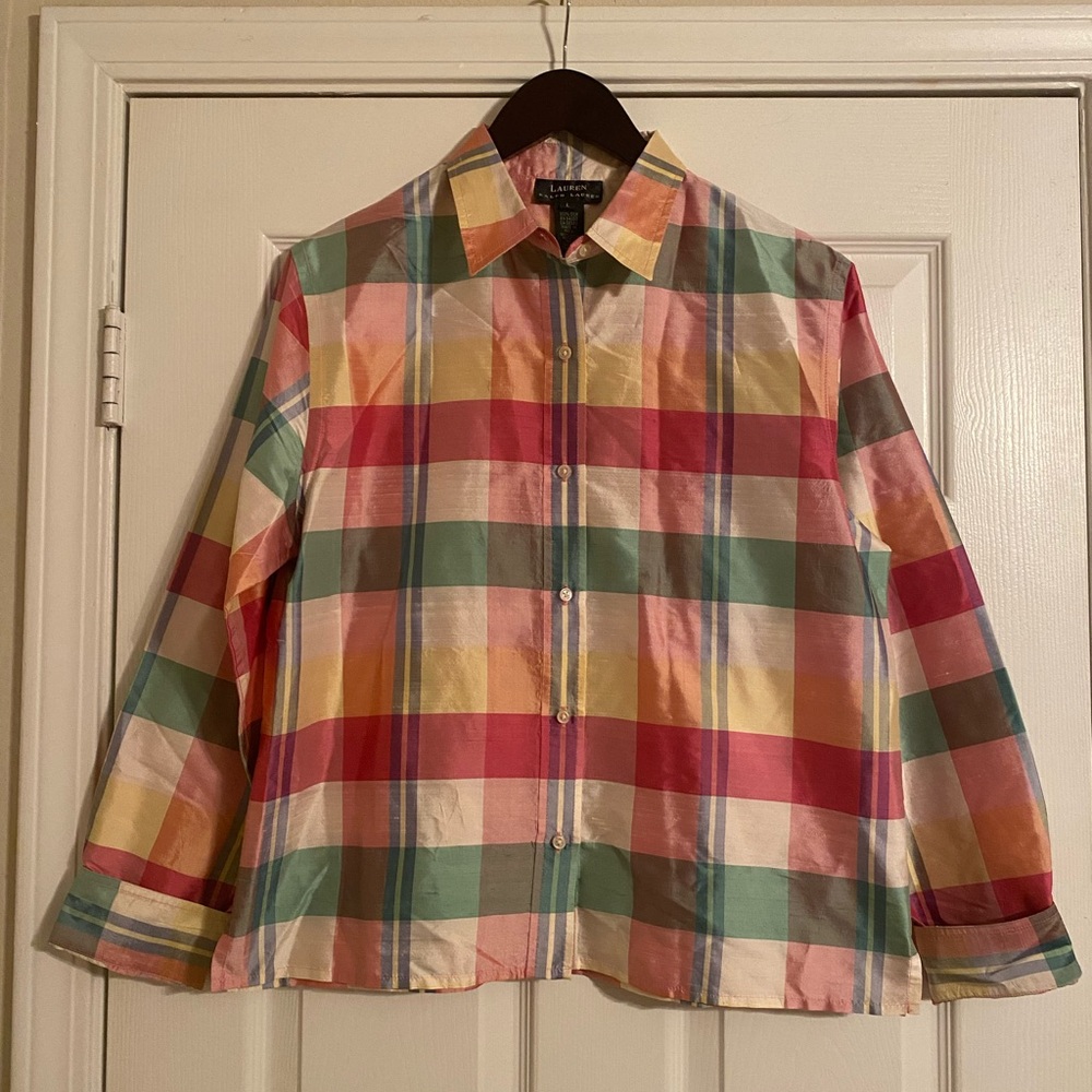 Lauren Ralph Lauren Women’s Plaid Button-Up Shirt. Long Sleeve. Silk. Large.